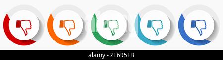 Dislike, unlike vector icon set, flat design colorful round icons in 5 color options for webdesign and mobile applications Stock Vector