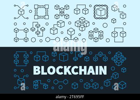 Vector Blockchain concept banners set. Block chain illustration in thin line style Stock Vector