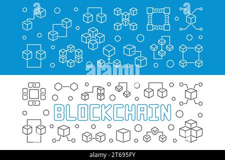 Set of two Blockchain crypto horizontal banners. Vector illustration in thin line style Stock Vector