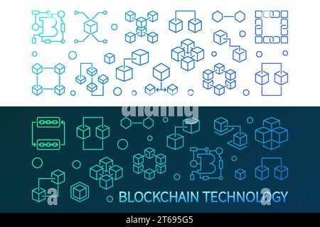 Blockchain technology vector colorful modern horizontal banners in outline style Stock Vector