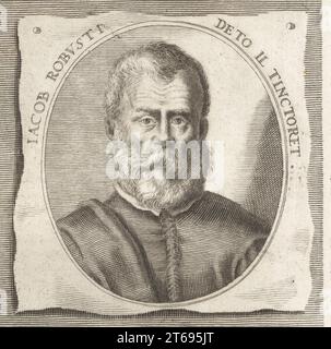 Tintoretto, born Jacopo Robusti, Italian painter of the Venetian school, 1518-1594. Jacob Robusti deto Il Tinctoret. Copperplate engraving after an illustration by Joachim von Sandrart from his LAcademia Todesca, della Architectura, Scultura & Pittura, oder Teutsche Academie, der Edlen Bau- Bild- und Mahlerey-Kunste, German Academy of Architecture, Sculpture and Painting, Jacob von Sandrart, Nuremberg, 1675. Stock Photo