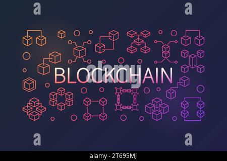 Blockchain vector colorful outline horizontal illustration. Block Chain bright banner in thin line style on dark background Stock Vector