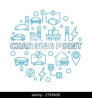 Charging point round vector blue illustration made with charging stations and electric cars outline icons Stock Vector