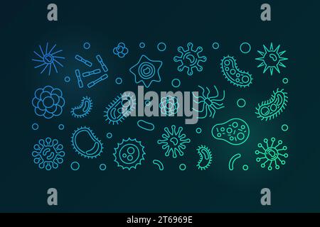 Bacteria vector creative horizontal illustration or banner made with microbe, bacterium and virus icons in thin line style on dark background Stock Vector