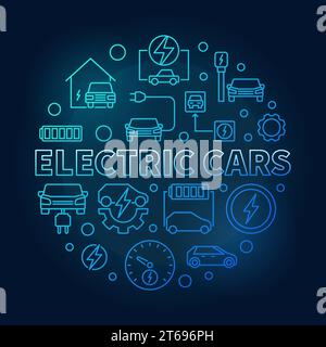 Electric Cars round vector blue illustration in thin line style on dark background Stock Vector