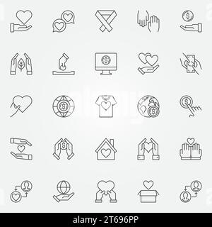 Charity and Donation outline concept icons set. Donate vector concept symbols in thin line style Stock Vector