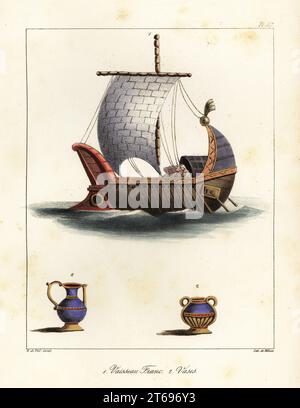 Frankish ship with naval ram, mast with sail and rigging, rowers and oars, rudder, 9th century. Frankish vases below. Vaisseau Franc, Vases. Handcoloured lithograph by Villain after an illustration by Horace de Viel-Castel from his Collection des costumes, armes et meubles pour servir à l'histoire de la France (Collection of costumes, weapons and furniture to be used in the history of France), Treuttel & Wurtz, Bossange, 1827. Stock Photo