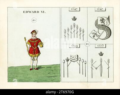 Portrait of King Edward VI of England, as a young man in velvet cap and doublet, with orb and sceptre. Emblems indicate the Protector Duke of Somerset, invasion of Scotland, protestant bishops, and marriage of Lady Jane Grey and Lord Guilford Dudley. Handcoloured steel engraving after an illustration by Mary Ann Rundall from A Symbolical History of England, from Early Times to the Reign of William IV, J.H. Truchy, Paris, 1839. Mary Ann Rundall was a teacher of young ladies in Bath, and published her book of mnemonic emblems in 1815. Stock Photo