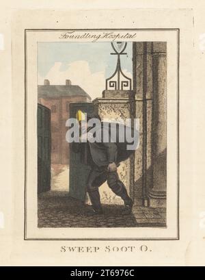 Boy chimney sweep selling soot in front of the Foundling Hospital. The child sweep in black cap with brass plate indicating his employer, sack of soot, sold as manure. In front of the Foundling Hospital, a charity established in the 18th century for orphans. Handcoloured copperplate engraving by Edward Edwards after an illustration by William Marshall Craig from Description of the Plates Representing the Itinerant Traders of London, Richard Phillips, No. 71 St Pauls Churchyard, London, 1805. Stock Photo