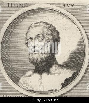 Homer, ancient Greek epic poet who is credited as the author of the Iliad and the Odyssey, born c.8th century BC. Homerus. Copperplate engraving by Bartholomaus Kilian after an illustration by Joachim von Sandrart from his LAcademia Todesca, della Architectura, Scultura & Pittura, oder Teutsche Academie, der Edlen Bau- Bild- und Mahlerey-Kunste, German Academy of Architecture, Sculpture and Painting, Jacob von Sandrart, Nuremberg, 1675. Stock Photo