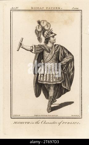 Mr. William Smith in the character of Publius in William Whiteheads Roman Father, Covent Garden Theatre, 1767. Smith was an English actor and theatre manager, 1730-1819. Copperplate engraving by J. Thornthwaite after an illustration by James Roberts from Bells British Theatre, Consisting of the most esteemed English Plays, John Bell, London, 1778. Stock Photo