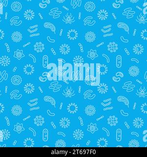 Seamless vector pattern with outline bacteria icons on blue background Stock Vector