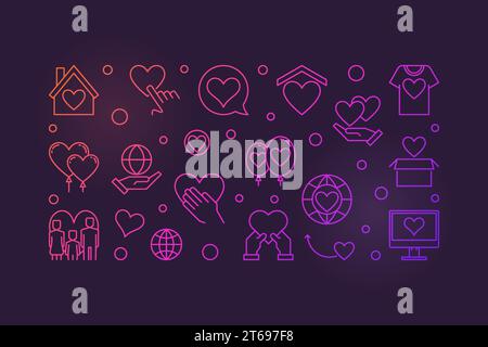 Donation and Charity outline vector colored banner. Volunteering modern illustration on dark background Stock Vector