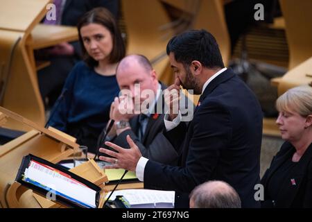 Edinburgh, Scotland, UK. 9th Nov, 2023. PICTURED: Humza Yousaf MSP, First Minister of Scotland and Leader of the Scottish National Party (SNP). Scenes inside Holyrood at the Scottish Parliament at the weekly session of First Ministers Questions (FMQs). Credit: Colin D Fisher Credit: Colin Fisher/Alamy Live News Stock Photo