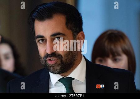 Edinburgh, Scotland, UK. 9th Nov, 2023. PICTURED: Humza Yousaf MSP, First Minister of Scotland and Leader of the Scottish National Party (SNP). Scenes inside Holyrood at the Scottish Parliament at the weekly session of First Ministers Questions (FMQs). Credit: Colin D Fisher Credit: Colin Fisher/Alamy Live News Stock Photo