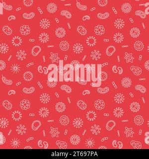 Seamless virology vector red pattern with outline virus and bacteria icons Stock Vector