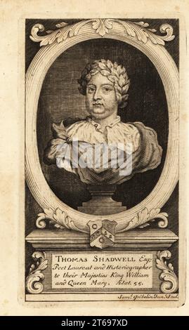 Thomas Shadwell (1642-1692), poet laureate and historiographer to their majesties King William and Queen Mary, at age 55. Author of Restoration plays such as The Libertine, The Lancashire Witches, etc. Bust of the poet with a crown of laurel leaves and coat of arms. Oval portrait copperplate engraving by Samuel Gribelin Jr. published in London, 1790s. Stock Photo