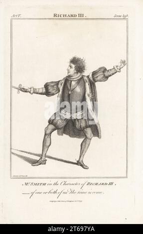 Mr Smith as the title character in William Shakespeare's Richard III, Covent Garden Theatre, 30 March 1761. In ermine-lined doublet, ruff collar, breastplate, hose, holding a sword en garde. William Smith, or Gentleman Smith, 1730-1819, popular English actor. Copperplate engraving after a portrait by Thomas Parkinson from John Bell's Edition of Shakespeare, London, November 1, 1775. Stock Photo