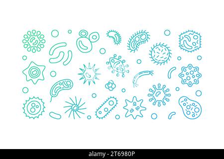 Pathogenicity bright line horizontal banner. Vector microbes and viruses illustration in thin line style on white background Stock Vector