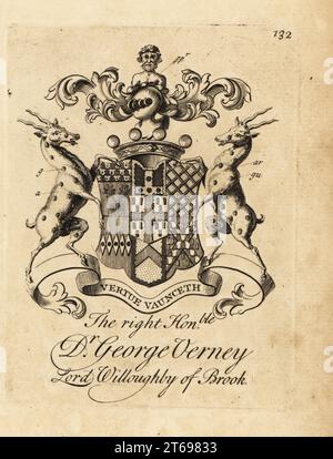 Coat of arms of the Right Honourable Dr. George Verney, Lord Willoughby of Brook, 12th Baron Willoughby de Broke, 20th Baron Latimer (1659-1728). Copperplate engraving by Andrew Johnston after C. Gardiner from Notitia Anglicana, Shewing the Achievements of all the English Nobility, Andrew Johnson, the Strand, London, 1724. Stock Photo