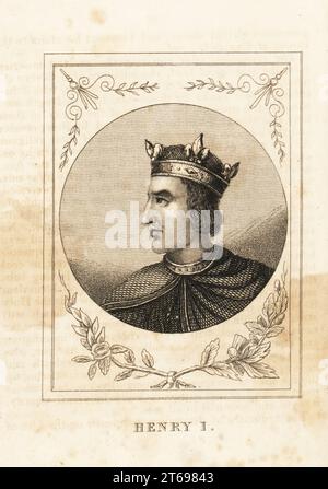 Portrait of Henry I, Henry Beauclerc, King of England, 1068-1135. In crown, collar and mantle. Copperplate engraving from M. A. Jones History of England from Julius Caesar to George IV, G. Virtue, 26 Ivy Lane, London, 1836. Stock Photo