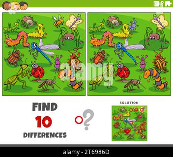 Cartoon illustration of finding the differences between pictures educational activity with insects animal characters group Stock Vector