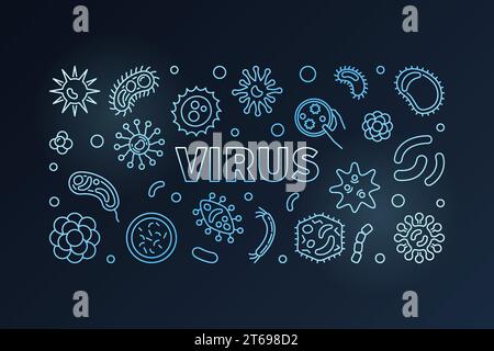 Virus horizontal outline blue banner. Vector concept illustration in thin line style on dark background on dark background Stock Vector
