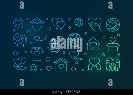 Vector Volunteering colored horizontal illustration in thin line style on dark background Stock Vector