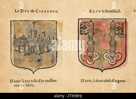 Imaginary coats of arms of King Arthurs Knights of the Round Table: Galeschin, Duke of Clarence, with golden town, and Sir Kay with silver keys. Chevaliers de la table ronde: Le DUC de CLERENCE, KEUX le Seneschal. Handcoloured woodblock engraving from Hierosme de Baras Le Blason des Armoiries, Chez Rolet Boutonne, Paris, 1628. Stock Photo