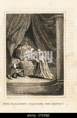 Anselm, Archbishop of Canterbury, exiled by the English king, 12th century. Anselman Abbot refusing the dignity. Copperplate engraving from M. A. Jones History of England from Julius Caesar to George IV, G. Virtue, 26 Ivy Lane, London, 1836. Stock Photo