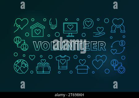 Volunteer outline vector colored illustration - charity and volunteering banner on dark background Stock Vector