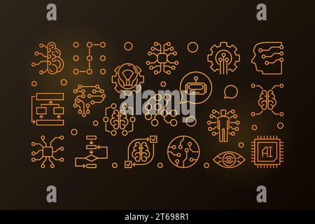 AI golden horizontal line banner. Artificial Intelligence vector outline illustration on dark background Stock Vector