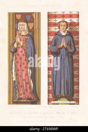 Margaret of Provence, queen to King Louis IX of France, 1221-1295, and Louis of France, their eldest son, 1244-1260. From painted statues formerly at l'Eglise de Poissy. Marguerite de Provence et Louis Fils aine de St. Louis. France, XIIIe Siecle. Chromolithograph by H. Moulin after Ferdinand Sere from Charles Louandres Les Arts Somptuaires, The Sumptuary Arts, Hangard-Mauge, Paris, 1858. Stock Photo