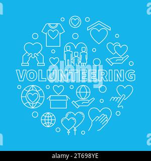 Volunteering circular vector concept illustration in thin line style on blue background Stock Vector