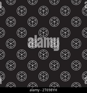 Dark Augmented Reality vector seamless pattern made with thin line cube in circle icon Stock Vector