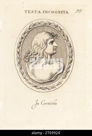 Bust of an unknown woman in carnelian. Thought to be Hero, a priestess of Aphrodite beloved by Leander. Testa incognita. In corniola. Copperplate engraving by Giovanni Battista Galestruzzi after Leonardo Agostini from Gemmae et Sculpturae Antiquae Depicti ab Leonardo Augustino Senesi, Abraham Blooteling, Amsterdam, 1685. Stock Photo