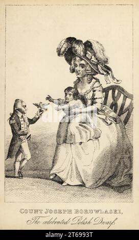 Count Joseph Boruwlaski, the celebrated Polish Dwarf, 1739-1837. A favourite of the Royal Courts of Europe, he married Isalina Barboutan, a companion to Countess Humieska, in 1781. Depicted with his wife and first daughter. Lithograph after a stipple engraving by Robert Cooper from Henry Wilson and James Caulfields Book of Wonderful Characters, Memoirs and Anecdotes, of Remarkable and Eccentric Persons in all ages and countries, John Camden Hotten, Piccadilly, London, 1869. Stock Photo