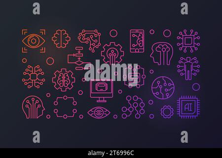 AI technology colored horizontal banner. Artificial Intelligence vector concept illustration in thin line style on dark background Stock Vector
