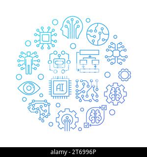 AI technology round blue creative illustration - Artificial Intelligence vector circular sign in outline style on white background Stock Vector