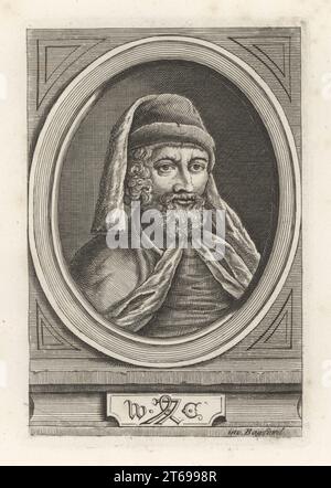 Oval portrait of William Caxton, English printer, c. 1422 c. 1491. with his printer's mark. English merchant, diplomat, and writer. First to introduce a printing press into England, in 1476, and first English printer and retailer of printed books. Original plate by Bagford. Copperplate engraving from Samuel Woodburns Gallery of Rare Portraits Consisting of Original Plates, George Jones, 102 St Martins Lane, London, 1816. Stock Photo