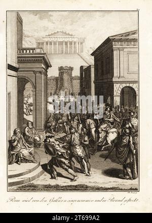 The Sack of Rome by the Senonii Gauls led by Brennus, 390 BC. Gauls killing Roman civilians and soldiers below the Capitoline Hill. Prise de Rome par les Gaulois. Copperplate engraving by M. Bauer after a design by Benjamin Samuel Bolomey from Professor Joseph Rudolf Zappes Gemalde aus der romischen Geschichte, Pictures of Roman History, Joseph Schalbacher, Vienna, 1800. German edition of Abbe Claude Francois Xavier Millots Abrege de lHistoire Romaine. Stock Photo