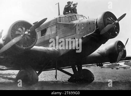 Junkers Ju 52 transport plane on a field airfield in Poland. Photo: Borchmann. [automated translation] Stock Photo