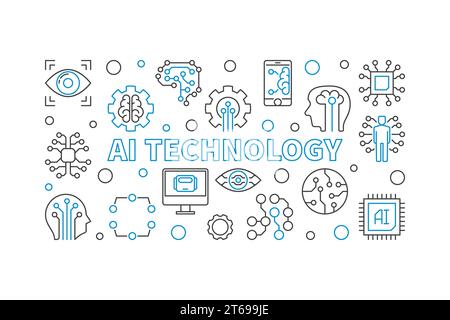 AI technology horizontal illustration. Artificial Intelligence vector concept banner in thin line style Stock Vector