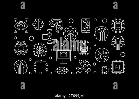AI technology horizontal banner. Artificial Intelligence vector concept illustration in thin line style on black background Stock Vector