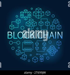 Block Chain vector round blue outline bright illustration. Blockchain linear icons in circle shape on dark background Stock Vector