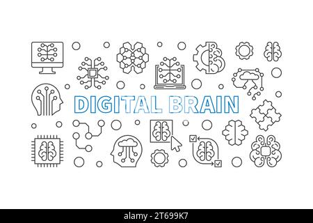 Digital Brain vector concept horizontal banner. AI and Machine learning illustration in thin line style Stock Vector