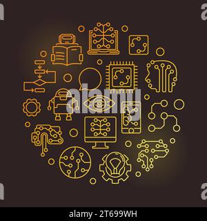 Machine Learning circular vector golden bright illustration in outline style on dark background Stock Vector