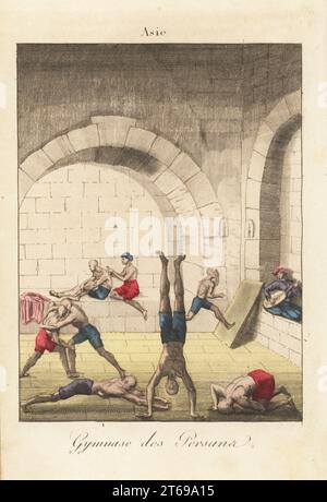 Persian men exercising in a gymnasium, Persia (Iran), 1800s. One man walks on his hands, while others plank, wrestle, run up a wall, etc. Musician with oud and a masseur work in niches around the floor. Gymnase des Persana. Handcoloured copperplate engraving from A. Antoine de Saint-Gervaiss Album des Peuples, ou Collection de Tableaux, Album of Peoples, or Collection of Paintings, J. Langlume et Peltier, Paris, 1835. Reprinted from Moeurs et coutumes des Peuples, Hocquart, 1811. Stock Photo