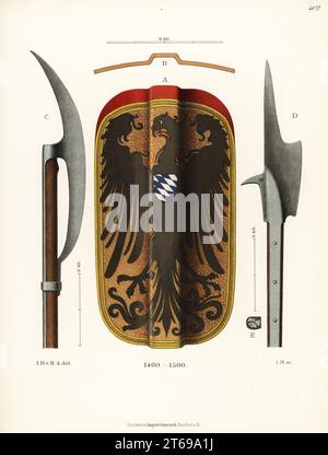 Shield and weapons of the late 15th century. Shield with the coat of arms of Deggendorf, Bavaria A,B; Steitart or pole axe C, and Helmbarte or halberd D. Chromolithograph from Hefner-Alteneck's Costumes, Artworks and Appliances from the Middle Ages to the 17th Century, Frankfurt, 1889. Illustration by Dr. Jakob Heinrich von Hefner-Alteneck, lithographed by I.M. Dr. Hefner-Alteneck (1811 - 1903) was a German museum curator, archaeologist, art historian, illustrator and etcher. Stock Photo