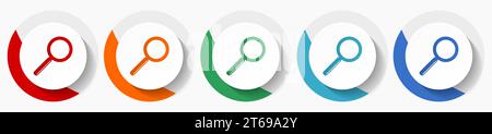 Search glass vector icon set, flat design colorful round icons in 5 color options for webdesign and mobile applications Stock Vector